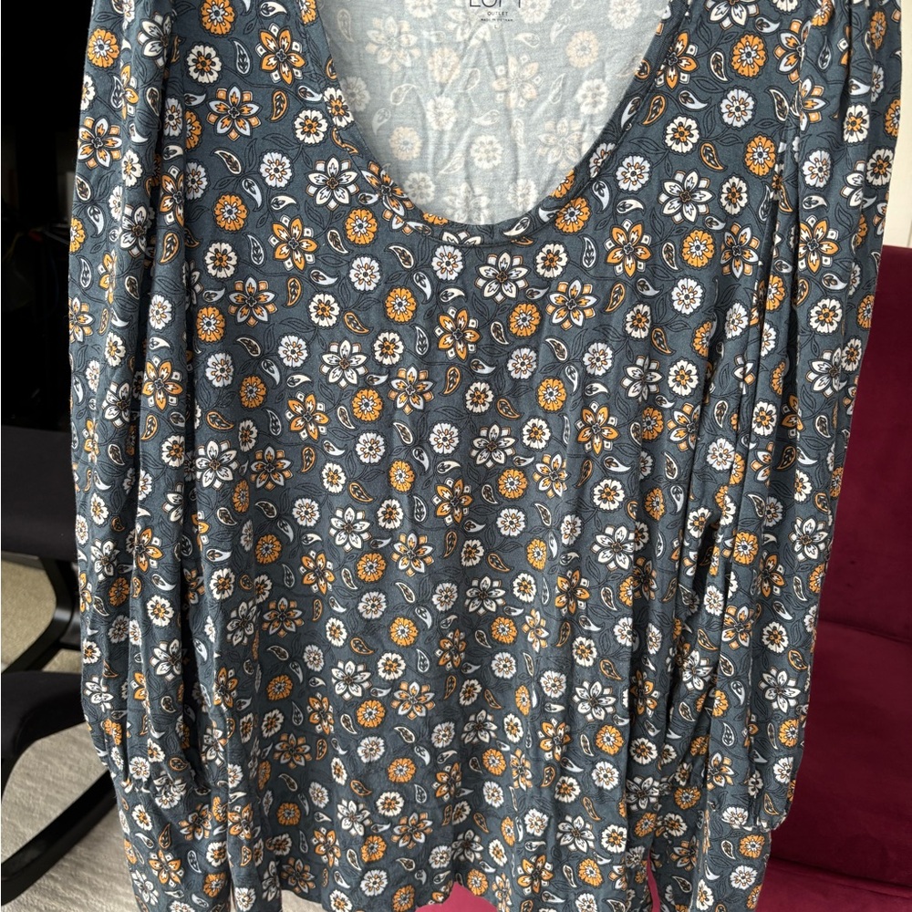 LOFT Floral Long Sleeve Top - Gray and Yellow